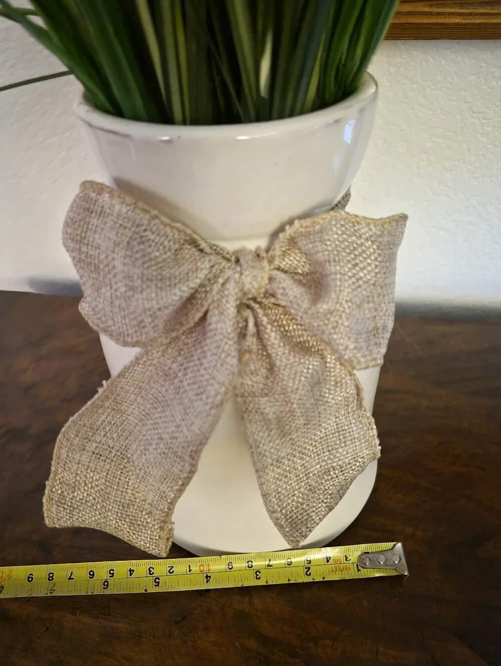 Neutral Ceramic Vase with Burlap Bow and Green Grass Stems For SALE